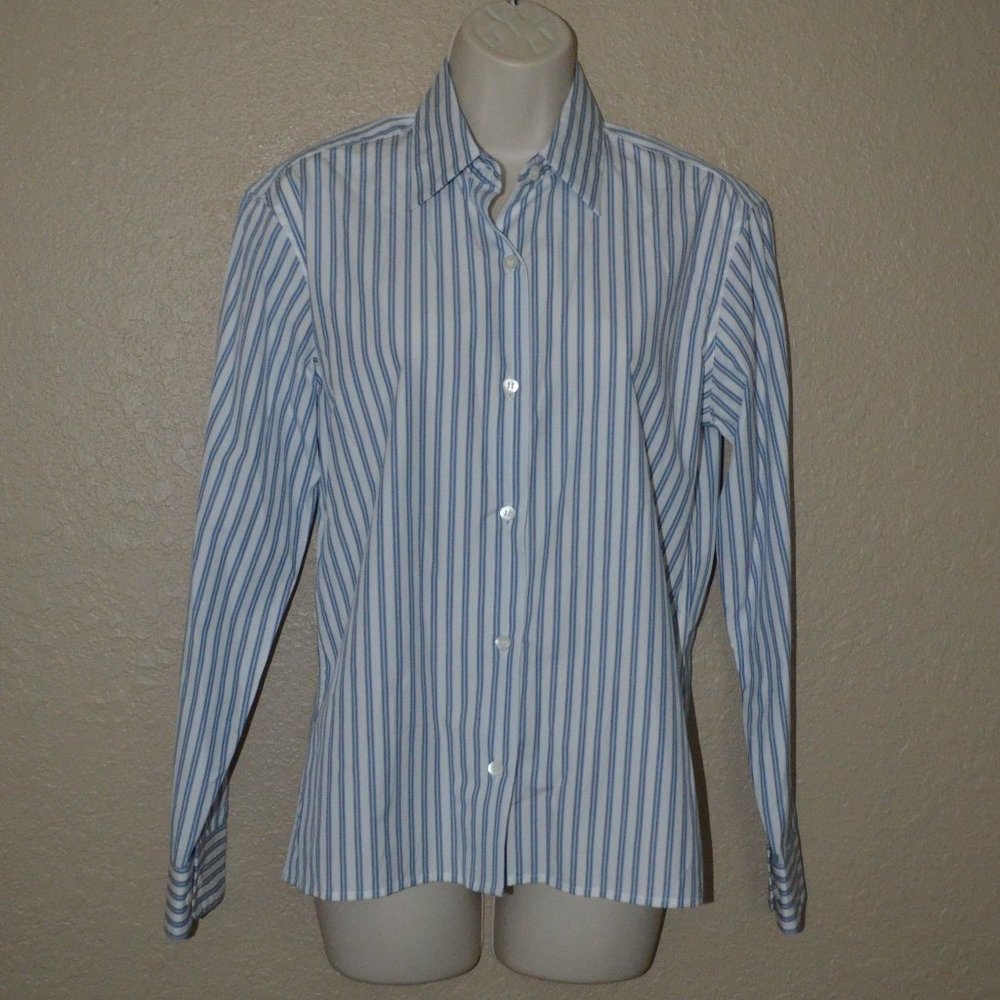 NWOT $535 Sz 34 0 Dries Van Noten Blue White Striped Long Sleeve Blouse